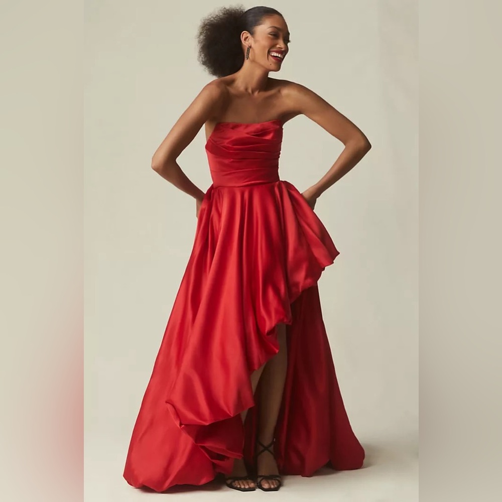 MAC DUGGAL Strapless Ruched High Low Gown Anthropologie